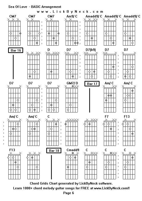 Chord Grids Chart of chord melody fingerstyle guitar song-Sea Of Love  - BASIC Arrangement,generated by LickByNeck software.